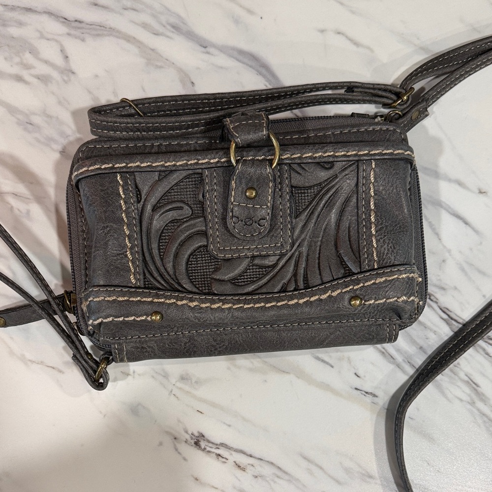 BOC Gray Embossed Leather Crossbody with Buckle Accent